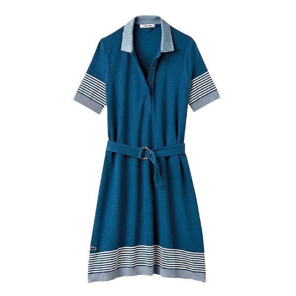 Lacoste Women's Mixed White Stripe Piqué Belted Blue Polo Dress, Size 34